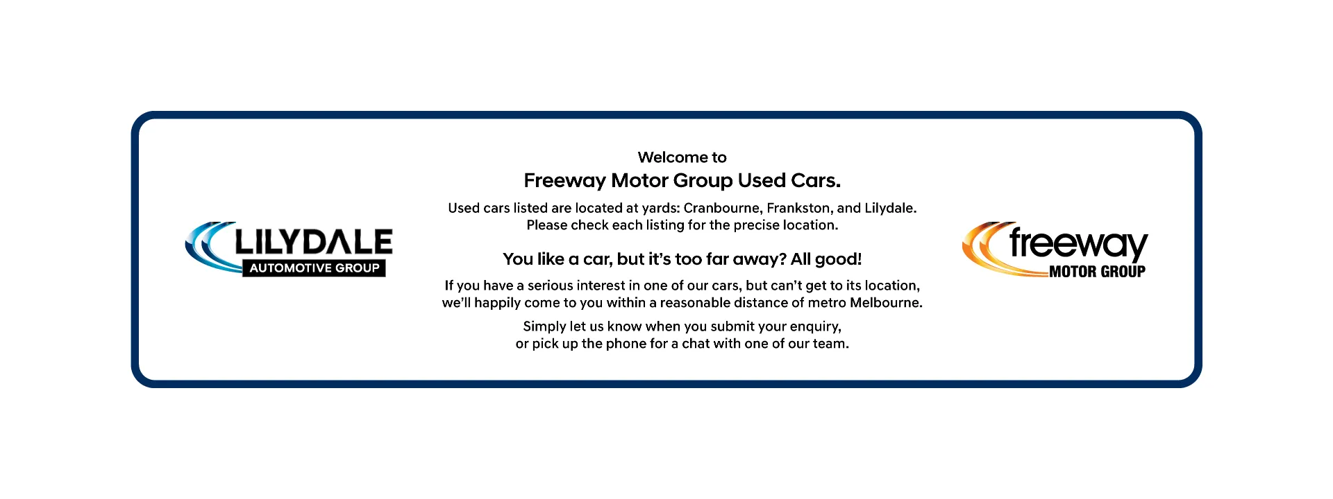 Find quality used cars at Freeway Motor Group, including Lilydale Hyundai and our Freeway Motor Group locations in Cranbourne and Frankston, Seaford