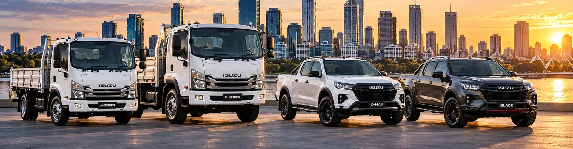 Isuzu Trucks and Utes with city in background